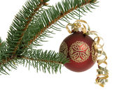 Shot for stock photography. A red Christmas ornament hangs on a pine branch. Photographed in our studio.

Click to enlarge photo